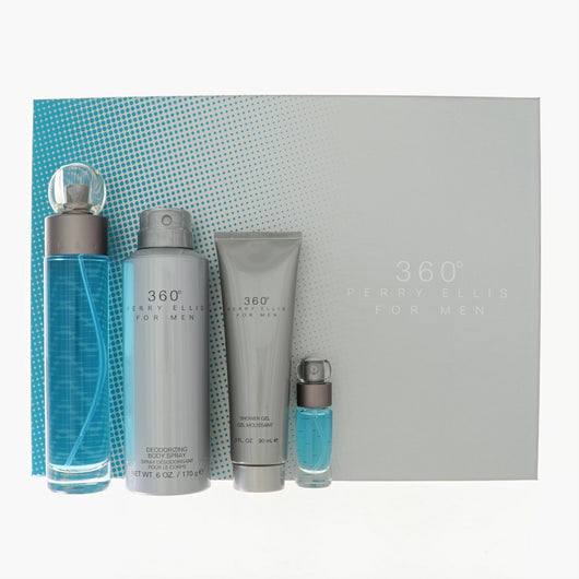 Perry Ellis 360 Degrees 4 Piece Set For Men: 3.4 Oz Eau De Toilette Spray, 0.25 Oz Eau De Toilette Spray, 3 Oz Shower Gel, 6 Oz Deodorizing Body Spray