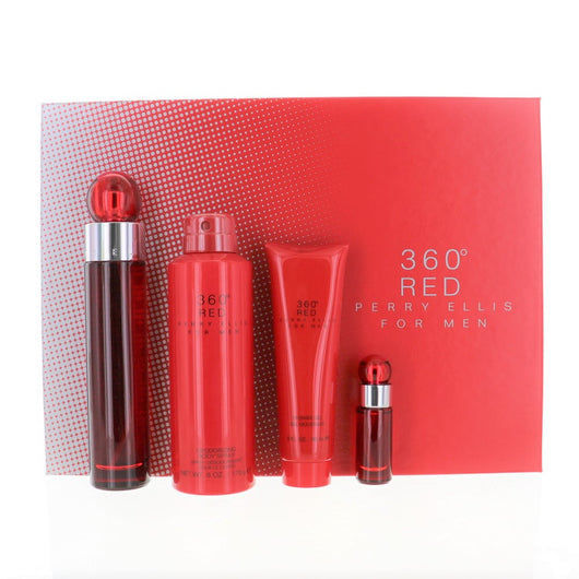 Perry Ellis 360 Red 4 Piece Set For Men: 3.4 Oz Eau De Toilette Spray, 0.25 Oz Eau De Toilette Spray, 6 Oz Deodorizing Body Spray, 3 Oz Shower Gel