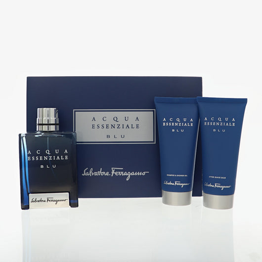 Salvatore Ferragamo Acqua Essenziale Blu 3 Piece Set For Men: 3.4 Oz Eau De Toilette Spray, 3.4 Oz Shampoo And Shower Gel, 3.4 Oz After Shave Balm