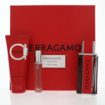 Salvatore Ferragamo Red Leather 3 Piece Set For Men: 3.4 Oz Eau De Parfum Spray, 0.34 Oz Eau De Parfum Spray, 3.4 Oz Shampoo And Shower Gel