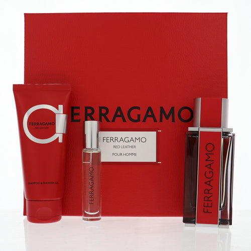 Salvatore Ferragamo Red Leather 3 Piece Set For Men: 3.4 Oz Eau De Parfum Spray, 0.34 Oz Eau De Parfum Spray, 3.4 Oz Shampoo And Shower Gel