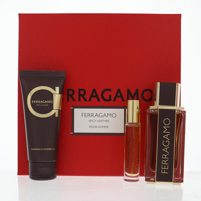 Salvatore Ferragamo Spicy Leather 3 Piece Set For Men: 3.4 Oz Parfum Spray, 0.34 Oz Parfum Spray, 3.4 Oz Shampoo & Shower Gel