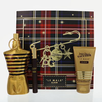 Jean Paul Gaultier Le Male Elixir 3 Piece Set For Men: 4.2 Oz Parfum Spray, 0.34 Oz Parfum Spray, 2.5 Oz All-Over Shower Gel