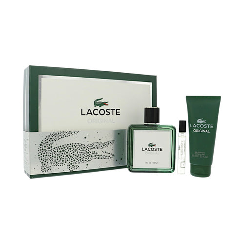 Lacoste Original 3 Piece Set For Men: 3.3 Oz Eau De Parfum Spray, 0.25 Oz Eau De Parfum Spray, 3.3 Oz Shower Gel