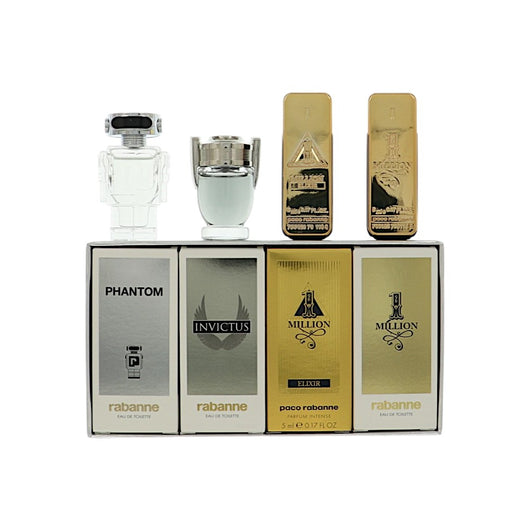 Paco Rabanne Mini Variety 4 Piece Set For Men: 0.17 Oz 1 Million Eau De Toilette Splash, 0.17 Oz 1 Million Elixir Parfum Intense Splash, 0.17 Oz Invictus Eau De Toilette Splash, 0.17 Oz Phantom Eau De Toilette Splash