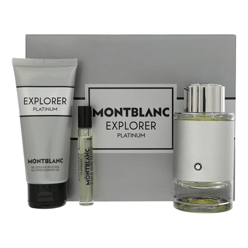 Mont Blanc Explorer Platinum 3 Piece Gift Set For Men - 3.3 Oz Eau De Parfum Spray, 0.25 Oz Eau De Parfum Spray, 3.3 Oz All Over Shower Gel