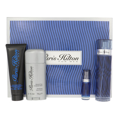 Paris Hilton 4 Piece Set For Men: 3.4 Oz Eau De Toilette Spray, 0.25 Oz Eau De Toilette Spray, 3 Oz Hair & Body Wash, 2.75 Oz Alcohol Free Deodorant Stick