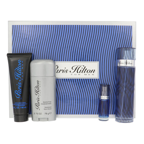 Paris Hilton 4 Piece Set For Men: 3.4 Oz Eau De Toilette Spray, 0.25 Oz Eau De Toilette Spray, 3 Oz Hair & Body Wash, 2.75 Oz Alcohol Free Deodorant Stick