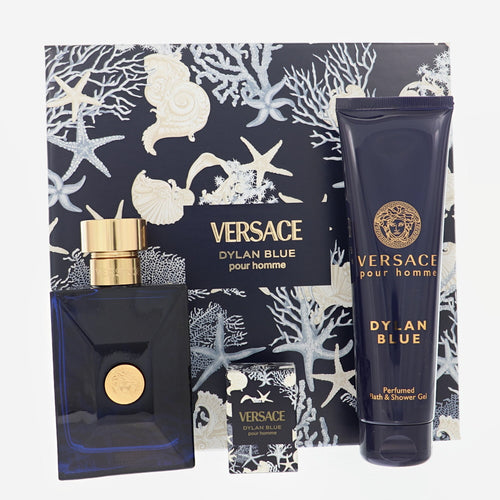 Versace Dylan Blue 3 Piece Set For Men: 3.4 Oz Eau De Toilette Spray, 0.17 Oz Eau De Toilette Splash, 5 Oz Bath & Shower Gel