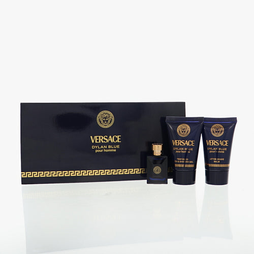 Versace Dylan Blue 3 Piece Set For Men: 0.17 Oz Eau De Toilette Splash, 0.8 Oz Bath & Shower Gel, 0.8 Oz After Shave Balm