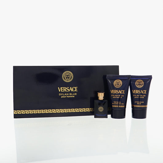 Versace Dylan Blue 3 Piece Set For Men: 0.17 Oz Eau De Toilette Splash, 0.8 Oz Bath & Shower Gel, 0.8 Oz After Shave Balm