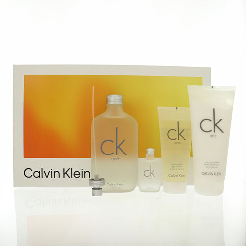 Calvin Klein Ck One 4 Piece Set For Unisex: 6.7 Oz Eau De Toilette Spray, 0.5 Oz Eau De Toilette Splash, 6.7 Oz Skin Moisturizer, 3.3 Oz Body Wash