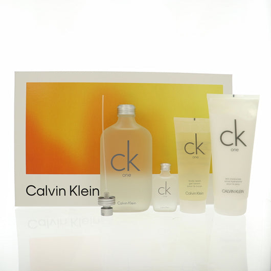 Calvin Klein Ck One 4 Piece Set For Unisex: 6.7 Oz Eau De Toilette Spray, 0.5 Oz Eau De Toilette Splash, 6.7 Oz Skin Moisturizer, 3.3 Oz Body Wash