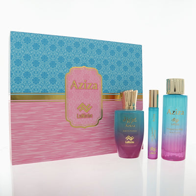 Luniche Aziza 3 Piece Set For Unisex: 3.4 Oz Eau De Parfum Spray, 0.3 Oz Eau De Parfum, 3.4 Oz Fragrance Mist