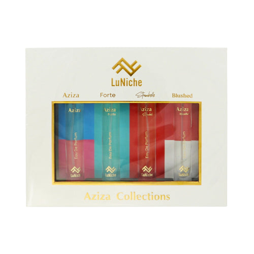 Luniche Aziza 4 Piece Set For Unisex: 0.3 Oz Aziza Eau De Parfum Spray, 0.3 Oz Aziza Forte Eau De Parfum Spray, 0.3 Oz Aziza Strawbelle Eau De Parfum Spray, 0.3 Oz Aziza Blushed Eau De Parfum Spray