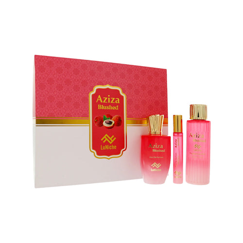 Luniche Aziza Blushed 3 Piece Set For Unisex: 3.4 Oz Eau De Parfum Spray, 0.3 Oz Eau De Parfum Spray, 3.4 Oz Fragrance Mist