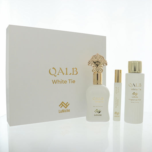 Luniche Qalb White Tie 3 Piece Set For Unisex: 3.4 Oz Eau De Parfum Spray, 0.3 Oz Eau De Parfum, 3.4 Oz Fragrance Mist