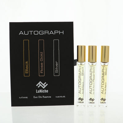 Luniche Autograph Discovery Set 3 Piece Set For Unisex: 0.3 Oz Black Eau De Parfum Spray, 0.3 Oz Rose Gold Eau De Parfum Spray, 0.3 Oz Silver Eau De Parfum Spray