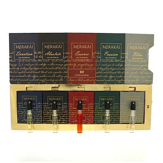 Patek Maison Merakai Luxury Discovery Set 5 Piece Gift Set - 0.10Oz Devotion Edp Spray, 1.10Oz Absolute Edp Spray, 0.10Oz Essence Edp Spray,0.10Oz Passion Edp Spray,0.10Oz Bliss Edp Spray Oz