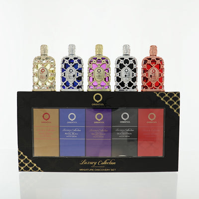 Orientica Luxury Collection Set 5 Piece Eau De Parfum Set For Unisex: 0.25 Oz Amber Rouge, 0.25 Oz Oud Saffron, 0.25 Oz Velvet Gold , 0.25 Oz Royal Bleu, 0.25 Oz Royal Amber