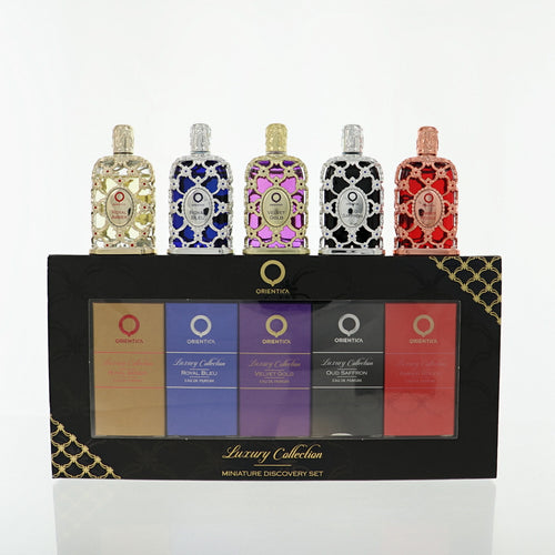 Orientica Luxury Collection Set 5 Piece Eau De Parfum Set For Unisex: 0.25 Oz Amber Rouge, 0.25 Oz Oud Saffron, 0.25 Oz Velvet Gold , 0.25 Oz Royal Bleu, 0.25 Oz Royal Amber