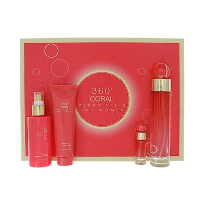 Perry Ellis 360 Degrees Coral 4 Piece Set For Women: 3.4 Oz Eau De Parfum Spray, 0.25 Oz Eau De Parfum Spray, 3 Oz Shower Gel, 4 Oz Body Mist Spray