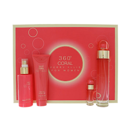 Perry Ellis 360 Degrees Coral 4 Piece Set For Women: 3.4 Oz Eau De Parfum Spray, 0.25 Oz Eau De Parfum Spray, 3 Oz Shower Gel, 4 Oz Body Mist Spray