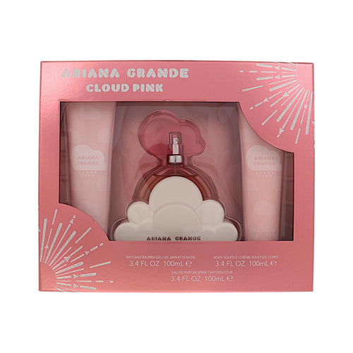 Ariana Grande Cloud Pink 3 Piece Set For Women: 3.4 Oz Eau De Parfum Spray, 3.4 Oz Bath & Shower Gel, 3.4 Oz Body Souffle