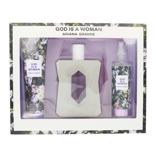 Ariana Grande God Is A Woman 3 Piece Set For Women: 3.4 Oz Eau De Parfum Spray, 4 Oz Body Mist, 3.4 Oz Body Souffle