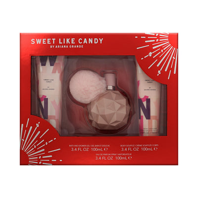 Ariana Grande Sweet Like Candy 3 Piece Set For Women: 3.4 Oz Eau De Parfum Spray, 3.4 Oz Bath & Shower Gel, 3.4 Oz Body Souffle