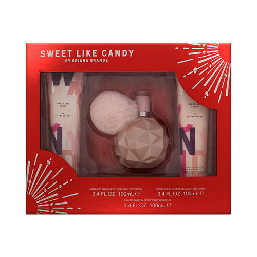 Ariana Grande Sweet Like Candy 3 Piece Set For Women: 3.4 Oz Eau De Parfum Spray, 3.4 Oz Bath & Shower Gel, 3.4 Oz Body Souffle