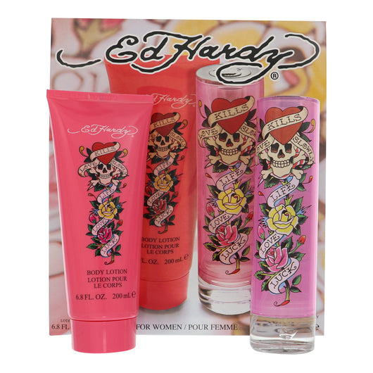 Christian Audigier Ed Hardy 2 Piece Set For Women: 3.4 Oz Eau De Parfum Spray, 6.8 Oz Body Lotion