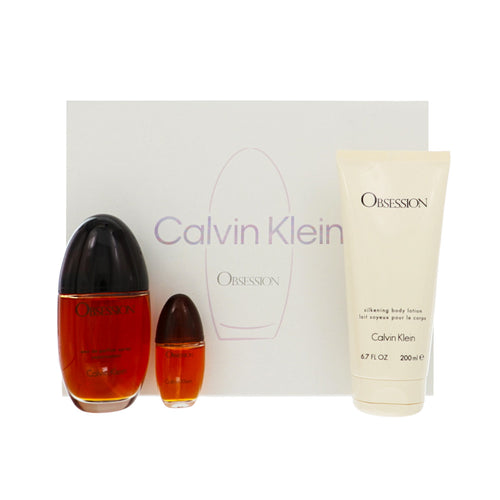 Calvin Klein Obsession 3 Piece Set For Women: 3.4 Oz Eau De Parfum Spray, 0.5 Oz Eau De Parfum Spray, 6.7 Oz Silkening Body Lotion