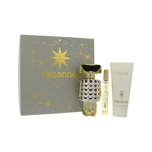 Paco Rabanne Fame 3 Piece Set For Women: 2.7 Oz Eau De Parfum Spray, 0.34 Oz Eau De Parfum Spray, 3.4 Oz Body Lotion