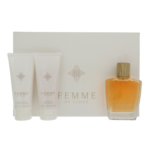 Usher Femme 3 Piece Gift Set For Women - 3.4 Oz Eau De Parfum Spray, 3.4 Oz Shower Gel, 3.4 Oz Body Lotion