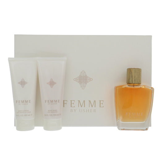 Usher Femme 3 Piece Gift Set For Women - 3.4 Oz Eau De Parfum Spray, 3.4 Oz Shower Gel, 3.4 Oz Body Lotion