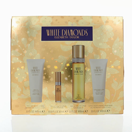 Elizabeth Taylor White Diamonds 4 Piece Set For Women: 3.3 Oz Eau De Toilette Spray, 0.33 Oz Eau De Toilette Spray, 3.3 Oz Gentle Moisturizing Body Wash, 3.3 Oz Perfumed Body Lotion